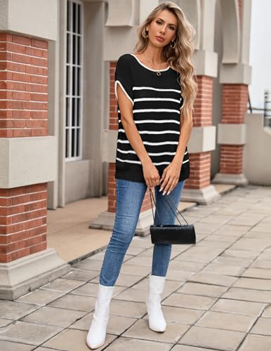 Image of Libsorge Womens Oversized Lightweight Cute Striped Sweater Vest Spring 2025 Crewneck Hollow Out Thin Cap Sleeve Knit Top