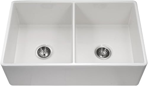 Houzer Platus Fregadero de cocina de arcilla refractaria blanca: fregadero de 33 pulgadas con delantal delantero de granja 50/50 de doble tazón,