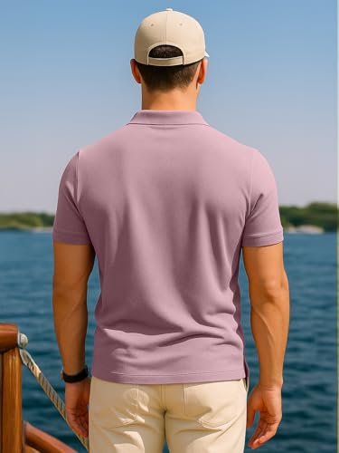 Image of Veirdo Men's Cotton Pique Polo | Premium Zip Neck Casual T-Shirt | Half Sleeve | Black Beauty, Serenity, Wheat, Zephyre