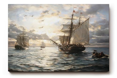 Sinus Art Wandbild 120x80cm Romantische Seeszene mit alten Segelschiffen, Möwen und Abendstimmung auf ruhiger Wasserfläche