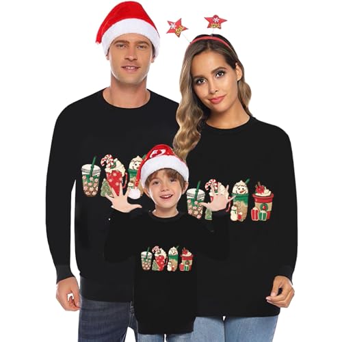 Sudadera para toda la familia pareja divertida suéteres navideños feos cómodos a juego suéteres navideños para toda la familia Casual Invierno Sweatshirt Manga Larga Reno Sudadera de Navidad, Negro