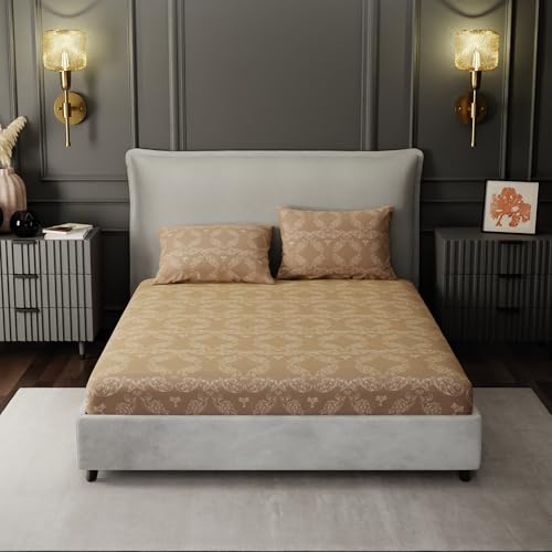 Image of BLISSHOME Everlast 150TC King Size Fitted Bedsheet with 2 Pillow Covers, Aesthetic Bedding, Wrinkle Resistant, 100+ Wash Durable, Quick Dry, Elegant Ornate Pattern - Beige (183cm x 198cm + 25cm Drop)