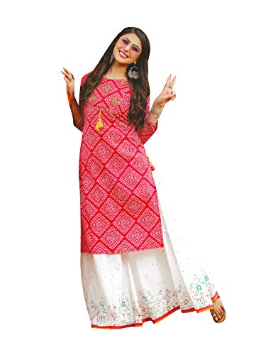 ladyline Cotton Bandhani Printed Kurti with Sharara Pants Set Embroidered Kurta Tunic for Womens (Size-46/ Dark Pink)