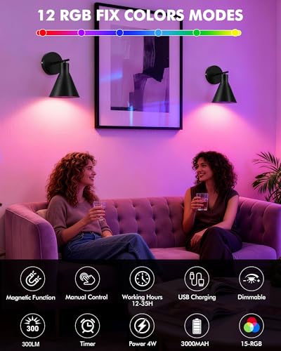 HOJOYRI Modern Wireless Battery Operated Wall Sconces, Black Rechargeable Cordless LED Wall Lights Set of Two, Dimmable Battery Powered Wall Decor Lamp Fixture with Remote Control for Bedroom Indoor - image 4