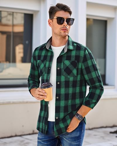 Image of WARHORSEE Flannel Shirt for Men Long Sleeve Button Down Plaid Shirts | Soft Cotton Blend for Multi-season Wear, Lightweight yet Warm, Dual buttoned storage pockets, Machine Washable Easy Care