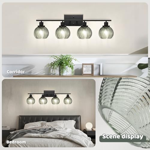 Image of 4-Light Bathroom Vanity Light, Black with Green Ribbed Glass Shades, Mid-Century Modern Wall Sconce Industrial Farmhouse Bathroom Wall Light for Hallway Bedroom Bedside Over Mirror