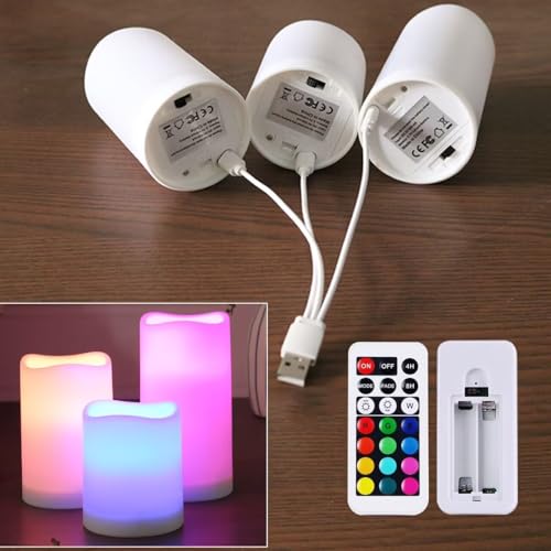 Image of WRalwaysLX 3pack USB Type-C Rechargeable Color-Changing LED Pillar Candles with Remote Control, Dia2.5, H3 4 inch 5 inch for Bedroom, Living Room...