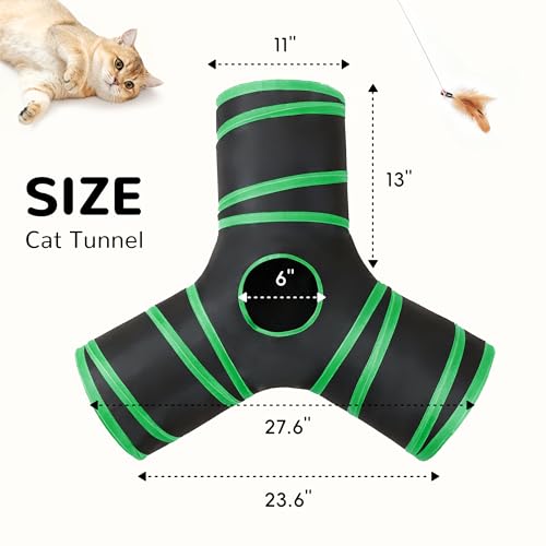 Image of Tempcore Cat Tunnel for Indoor Cats, 3 Way Collapsible Pet Play Tunnel with Teaser Wand, Peek Holes & Hanging Ball, Interactive Tube for Kittens & Rabbits, Black & Green