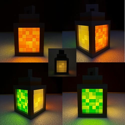 Image of Pixel Style Block Miner Lantern & Night Lamp - Retro 8-Bit Gaming Room Decor | Hanging Light Prop for Desk & Bedroom | Safe for Kids (Tealight Version)