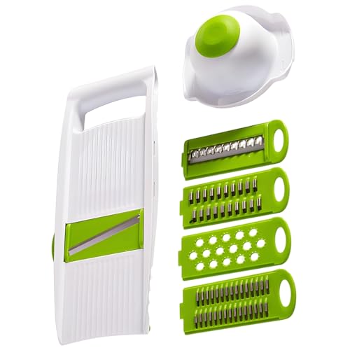 Mandolina manual 5 en 1 con 4 cuchillas, blanca y verde miniatura 1