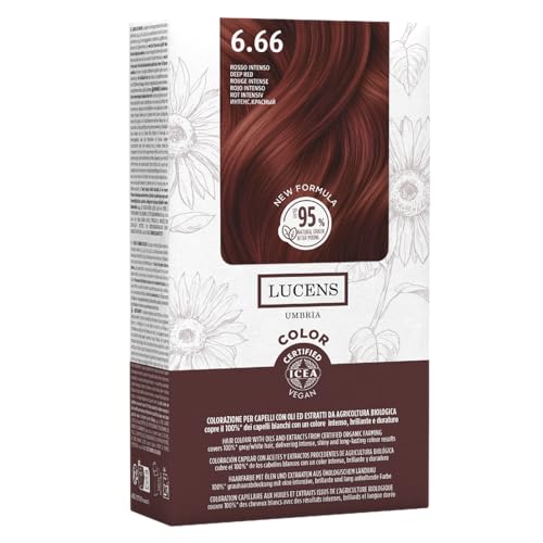 Lucens Umbria - 6.66 Rosso Intenso, Tinta per Capelli Senza Ammoniaca, Kit Colorazione Permanente Vegan con Estratti Naturali, Azione Lenitiva, Idratante e Protettiva