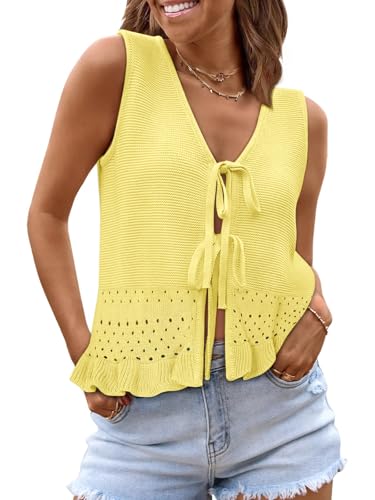 COCCKO Womens Crochet Tops Tie Front Tops Sleeveless Ruffle Eyelet Beach Fashion Summer Casual Cute Sweater Vests Yellow