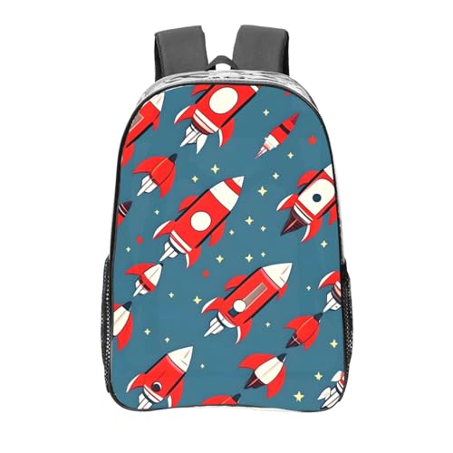 Cartoon Rockets Print Work Travel Stadium Events Transparent Backpack PVC Clear Bag Large Side Pockets