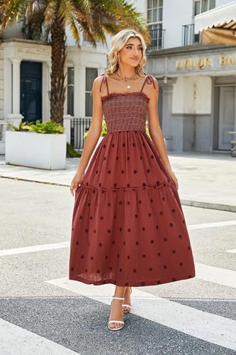 Women Floral Embroidered Maxi Dress Sleeveless Tie Shoulder Smocked Flowy Dress Boho Summer Sundresses with Pockets3