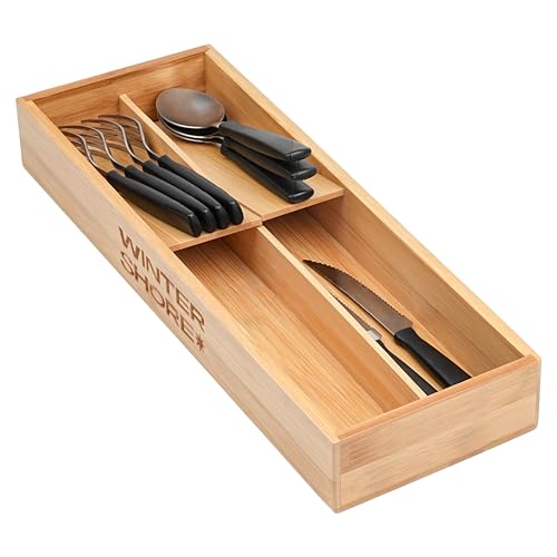 Winter Shore Organizador de Cubiertos de Bambú - Bandeja Organizador Bambu de Utensilios de Cocina - Porta Cubiertos Cajon Cocina - Organizador Cubiertos de Madera para Cucharas, Tenedores, Cuchillos