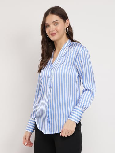 Image of FableStreet Women Formal Shirt | Relaxed Fit V-Neck Polka Dot Pattern with Pleated Detailing | Satin Fabric for Business Casual