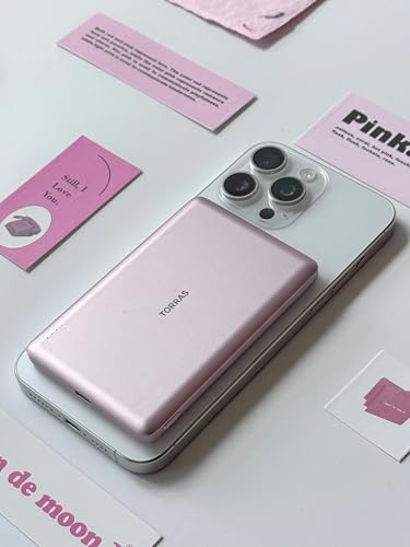Image of TORRAS MiniMag Power Bank, Ultra Slim 5,000mAh Wireless Portable Charger with USB-C Cable, Fast Charging iPhone Air MagSafe Battery Pack, Compatible Charger for iPhone 17 /16 /15 /14 /13 /12, Azalea Pink