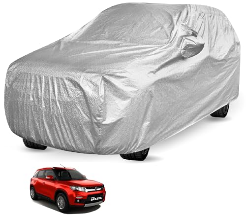 Image of Auto Hub Waterproof Car Cover Compatible with Maruti Brezza (Model-2015-Till Date) with Mirror Pocket, Soft Cotton Lining, Waterproof Brezza Car Cover- Metallic Silver