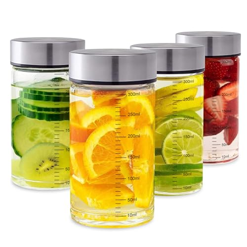 4pc Glasflaschen mit Edelstahl Deckel - Smoothie Gläser Sets 300ml, Borosilikatglas Saftflaschen zum Befüllen mit Skala, Wiederverwendbar, BPA-frei, Smoothie becher to go für Säfte, Smoothies Milch