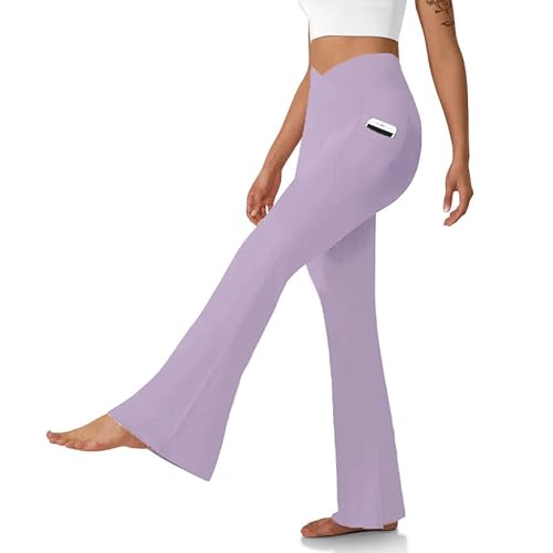 Women's Flare Leggings with Pockets Crossover High Waisted Bootcut Yoga Pants Tummy Control Bell Bottom Leggings Army Green X-Small