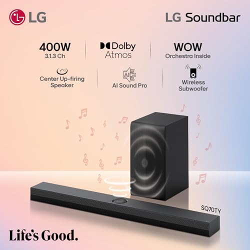 Image of LG Soundbar SQ70TY, 400W, 3.1.1Ch, Dolby Atmos & DTS: X, Hi-Res Audio, Center Up-Firing Speaker, AI Sound Pro, Wow Synergy, Wireless Subwoofer, QNED Matching Bracket Inside (2024 QNED TV)