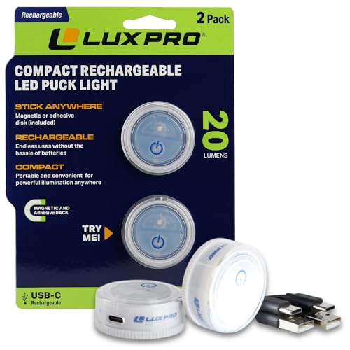 LUXPRO Waterproof Micro LED Rechargeable Puck Lights - Adhesive Lighting Ideal for Under Cabinets...