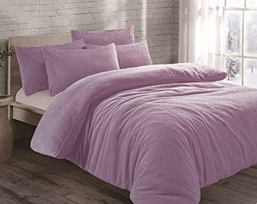 Night Zone Teddy Fleece Duvet Cover Set With Pillow Case Thermal Fleece Warm Cosy Soft Fur Teddy Bedding Duvet Cover Set (Lilac, Double)