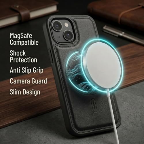 Image of amazon basics Premium PU Leather Case for iPhone 12, MagSafe Compatible Magnetic Ring, Sleek Protective Back Cover - [Black]