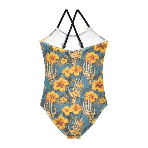 senya Girls Swimsuits One-Piece Swimwear Tie Bathing Suit Beach Summer Round Neck 7-8T Skeleton Hand Hawaiian Flower Pattern2