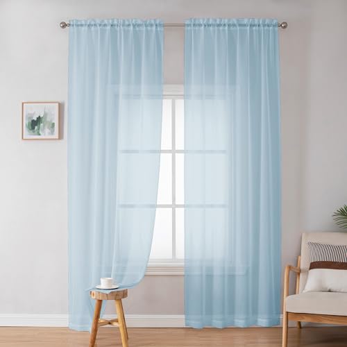 Image of OWENIE Light Blue Sheer Curtains 84 inches Long for Bedroom Living Room 2 Panels Set, Privacy Rod Pocket Light Filtering Voile Sheer Curtains, Airy Farmhouse Curtains, 42Wx84L inch, Sky Blue