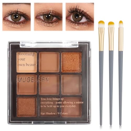 Paleta de Sombras de Ojos 9 Colores Sombras de Ojos Chocolate con 3 Pinceles Sombras Ultra-Pigmentada Paleta de Maquillaje Duradera Adecuado para Niñas y Mujeres