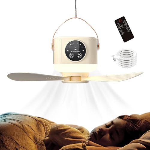 Vitsrisea Ventilador De Techo De Tienda Con Luz, Ventilador De Techo Portátil Con Luz - Ilumine El De Techo Pequeño De 3600 MAh Con Control Remoto - Enfriador Al Aire Libre Con