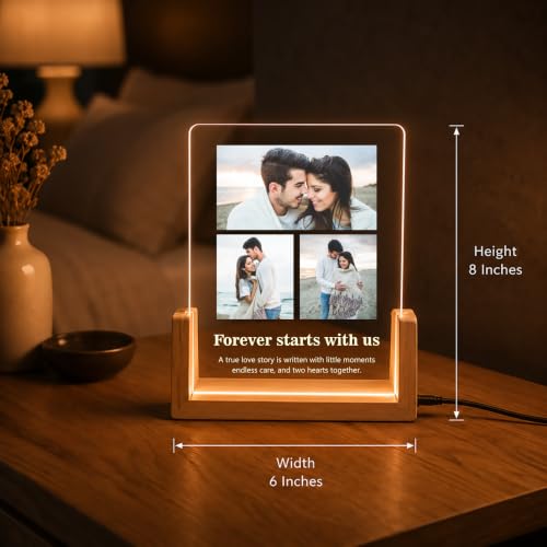 Image of Giftplease Personalized LED Acrylic Photo Frame with Custom Photos & Text | Engraved Picture Lamp with Wooden LED Base | USB Powered Night Light | Anniversary, Wedding, Birthday, Couple, Family, Decor