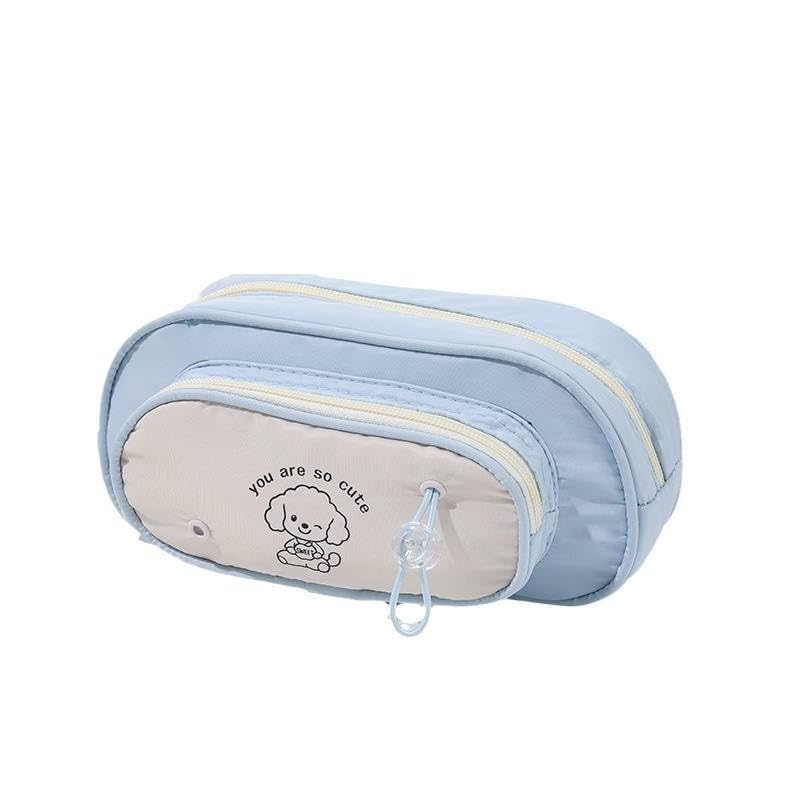 Image of Canvas School Bag Pencil Case, 3 Layer 6 Compartment Large Capacity, Aesthetic Pencil Pouch for Stationary, Cute Stationery for Kids, Pencil Case for Girls & Boys (Blue Cream)