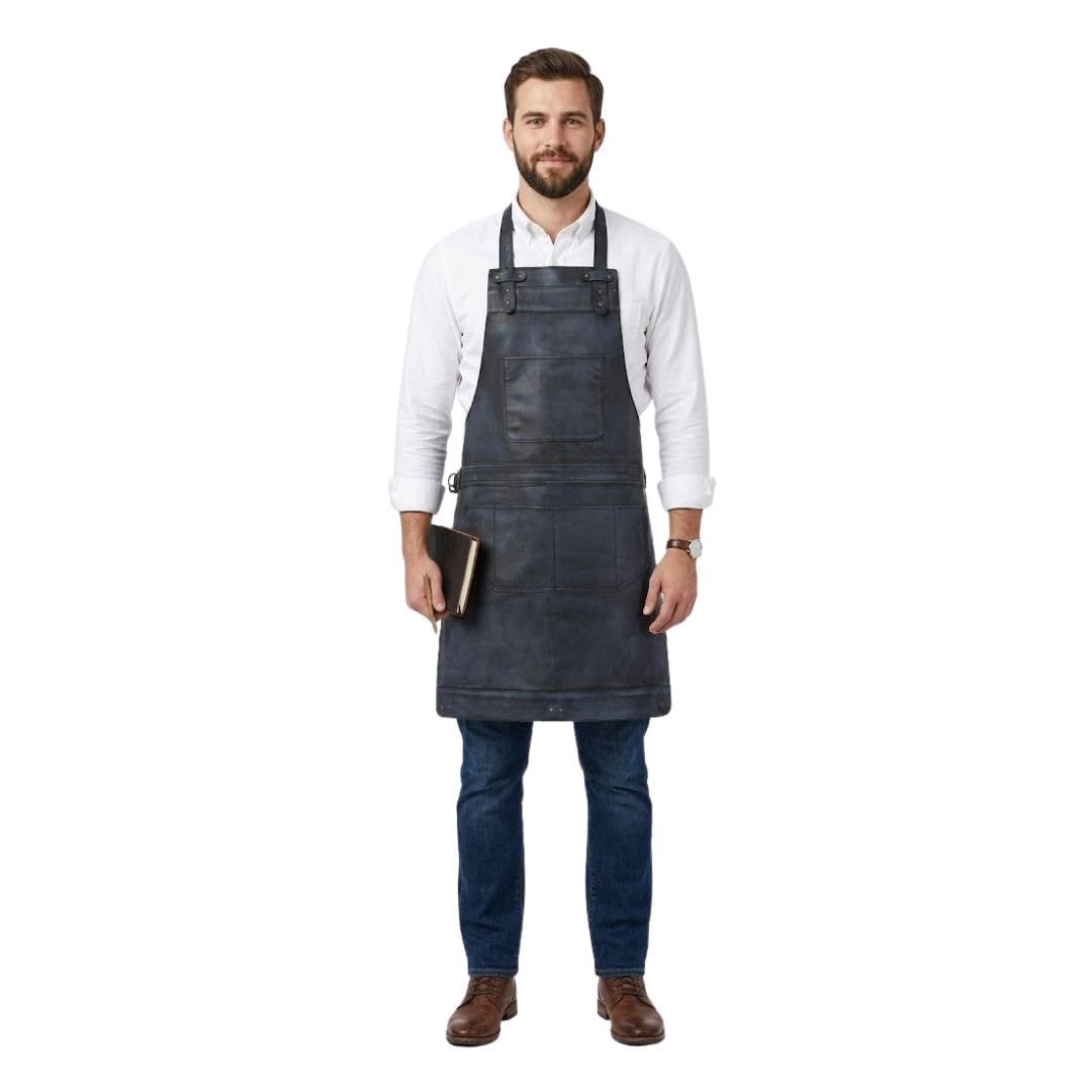 Delantal de cuero de grano completo de cera negra para carnicero, delantal de chef, delantal de barbacoa, delantal de peluquería, delantal de carpintería, regalo, Negro, Taille unique