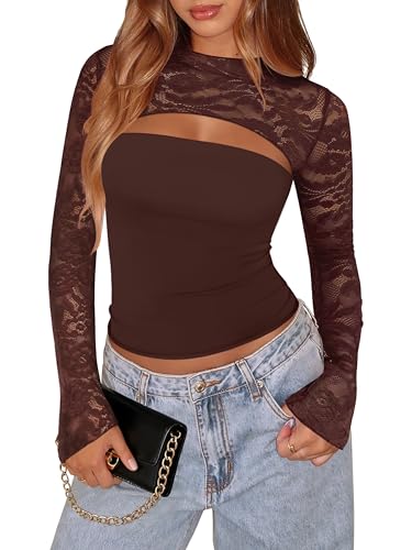 Xuiqx Women's Lace Long Sleeve Going Out Top Sexy Y2K
