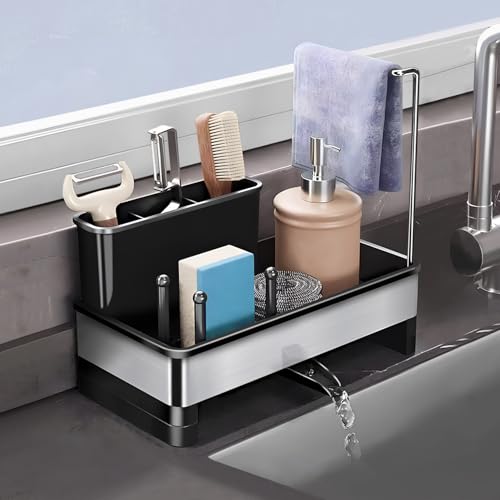 Runnatal キッチンシンク用スポンジラック（取り外し可能な304ステンレス製ブラシホルダー付き、キッチンカウンタートップスポンジ収納部付き、取り外し可能なタオルラック付き）