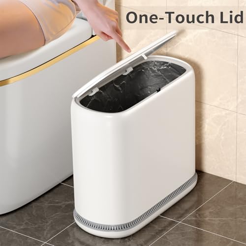 Image of Small Bathroom Trash Can with Lid, 3 Gallon Slim Garbage Bin with Pop-Up Lid & Air-Pressure Bag Lock, Mini Waste Basket for Bathroom, Bedroom, Kitchen, Office, Rv, White - Includes 75 Bags (5 Rolls)