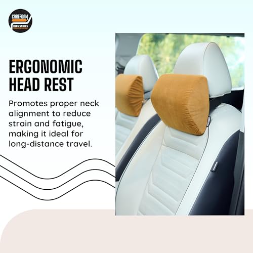 Image of CareFoam Ultimate Memory Foam Car Neck Rest Pillow, Comfortable Rides, Superior Neck Support Cushion, Relieves Neck Pain, Tan Velvet Cover | 14 x11 x5 Inch | Small Pack of 2