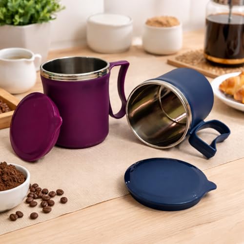 Image of Insulated Stainless Steel Coffee Mug with Lid, 300ml, Double Wall, Reusable Travel Mug for Home & Office (Purple - Navy Blue)