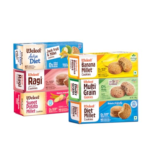 Weleet Assorted Pack of Ragi,Multi Grain,Diet Millet, Banana Millet, Jackfruit & Sweet Potato Digestive Cookies|Home/Office Snack|Free Of White Sugar & White Flour|Natural & Healthy|Pack of 6(540g)