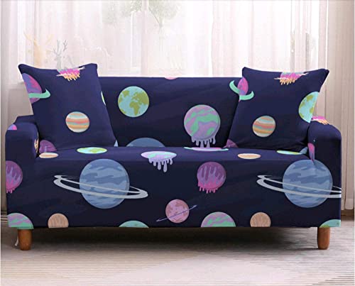 Universe Paint Navy Blue Printed Couch Cover For 2 Cushion Couch, Modern Cartoon Planet Universal Stretch Sofa Slipcover, Washable Non-Slip Furniture Protector For Armchair/Loveseat/Couch/Big Sofa #TOP2