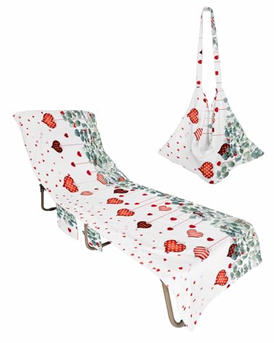 Plaid Love Eucalyptus Beach Chair Towel Covers for Chaise Lounge with Side Pocket, Soft Plush Pool Towels Cover for Patio Sunbathing Outdoor 29''x85'' Valentine's Day Simple White