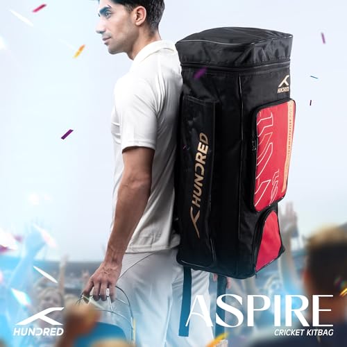 Image of Hundred Polyester Aspire Cricket Kitbag | Spacious & Durable Sports Gear Bag with Multiple Compartments | Shoe Compartment & Sturdy Zippers | Padded Straps(Black /Red)
