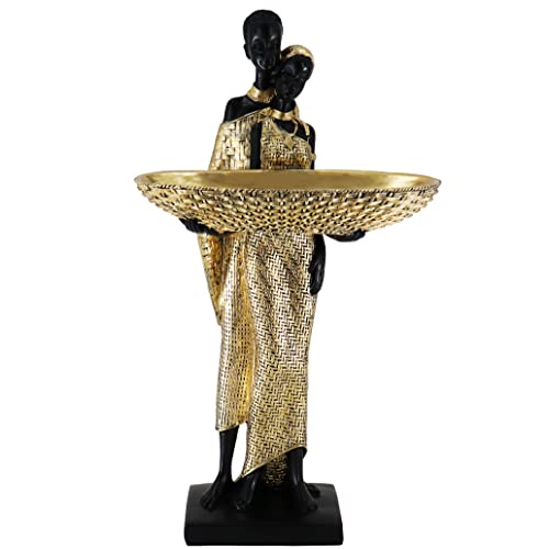Lescafita Handmade African Couple Sculpture - Gold Tribal Standing Figure with 7.8" Basket, Resin Home Decor for Shelves/Tables, Cultural Gift for Small Items (14.5" H)