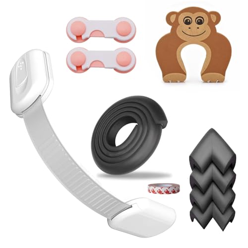 Image of Safe-O-Kid Kitchen Safety Combo | 1 Multipurpose Safety Lock, 2 Smiley-End Lock, 2M Edge Guard, 4 Corner Guard with 3M Adhesive Tape & 1 Monkey-Shaped Door Stopper | Child Safety Essential - Assorted