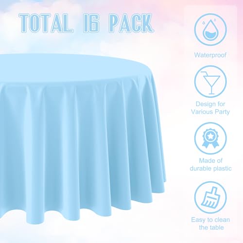 Image of 16 Pack Light Blue Plastic Tablecloth for Round Tables, Premium Decorative Baby Blue Disposable Table Cloths for Parties, Round Party Table Cover for Birthday Wedding Baby Shower Party, 84 Inch
