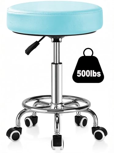 Image of 500lbs Heavy‑Duty Adjustable Rolling Stool with Wheels & Footrest Ring,Blue