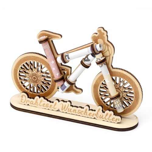 APOMOONS Wunscherfüller Regalo Dinero Bicicleta de Madera, Decoración Creativa Bici Idea Regalo, Regalo Cumpleaños para Amigos Familia Hombres Mujeres, Decoración Bicicleta Pequeña con 4 Billetes