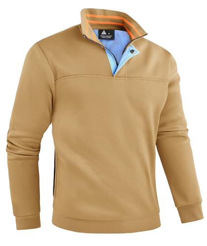 ZITY Mens Quarter Zip Pullover Fleece Lined Long Sleeve Casual Sweatshirts with Side Pockets Khaki